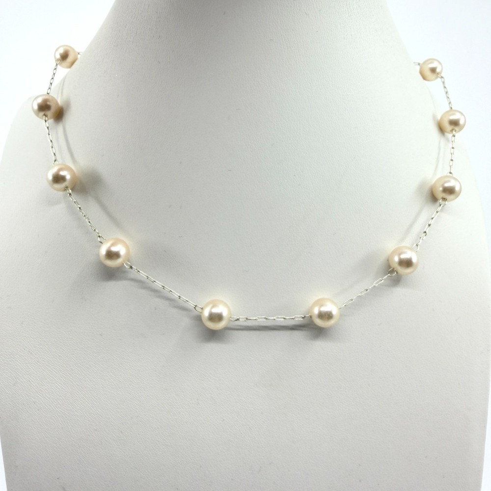 Vintage RMN Cream Faux Pearl Tin Cup Necklace Silver Tone Chain Classic Y2K
